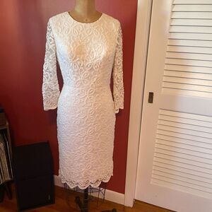 SUE WONG | white lacey long sleeve bridal cocktail nocturne dress 4